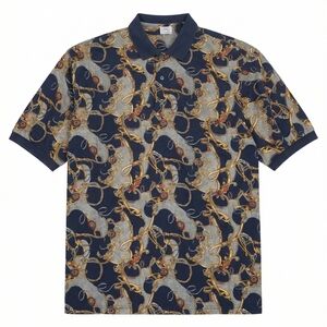 Michael Thomas Men's Navy Chain Print Polo Shirt 3 Buttons Y2K Streetwear